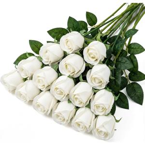 15 Pcs White Rose Buds Silk Artificial Flower 17" Silk Bud Realistic Design Faux Rose Artificial Flower with Stem for DIY Bouquets Wedding Centerpiece Party Kitchen Home Decor