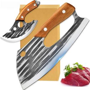 2 Pcs Meat Cleaver Knife Set, Effort Saving Meat Cleaver for Cutting Meat Vegetable, Sharp Carbon Steel Cooking Viking Knife with Leather Sheath for Kitchen, Camping, Outdoor Cooking, BBQ Gift, 8.3in