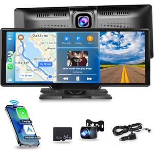 [2.5K Front Camera+64G TF Card] Wireless Carplay/Android Auto Portable Car Radio with 9.3" HD Touchscreen Dash Cam, Front/Rear View Camera Stereo Receiver Bluetooth FM Transmitter AUX
