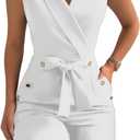 Women's Elegant Jumpsuits V Neck Sleeveless Straight Belted Long Pants Business Suits Set with Pockets, White M