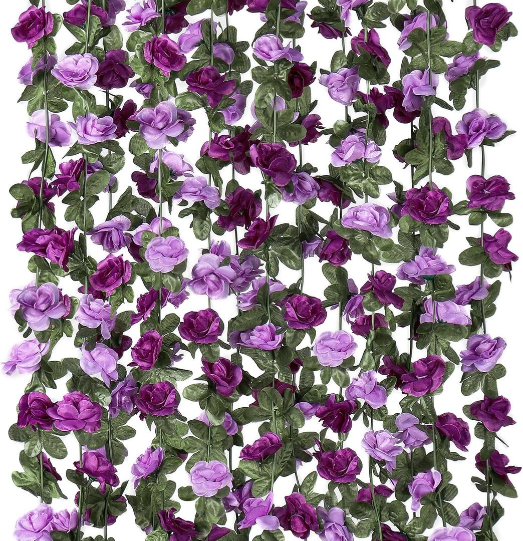 KHOYIME 9 Pack 72 FT Artificial Flower Garland, Fake Purple Roses Vines Silk Flowers Faux Plastic Outdoor Hanging Floral Ivy Garland Decoration for Wedding Arch Bedroom Home Wall Backdrop Room Decor, 9pcs