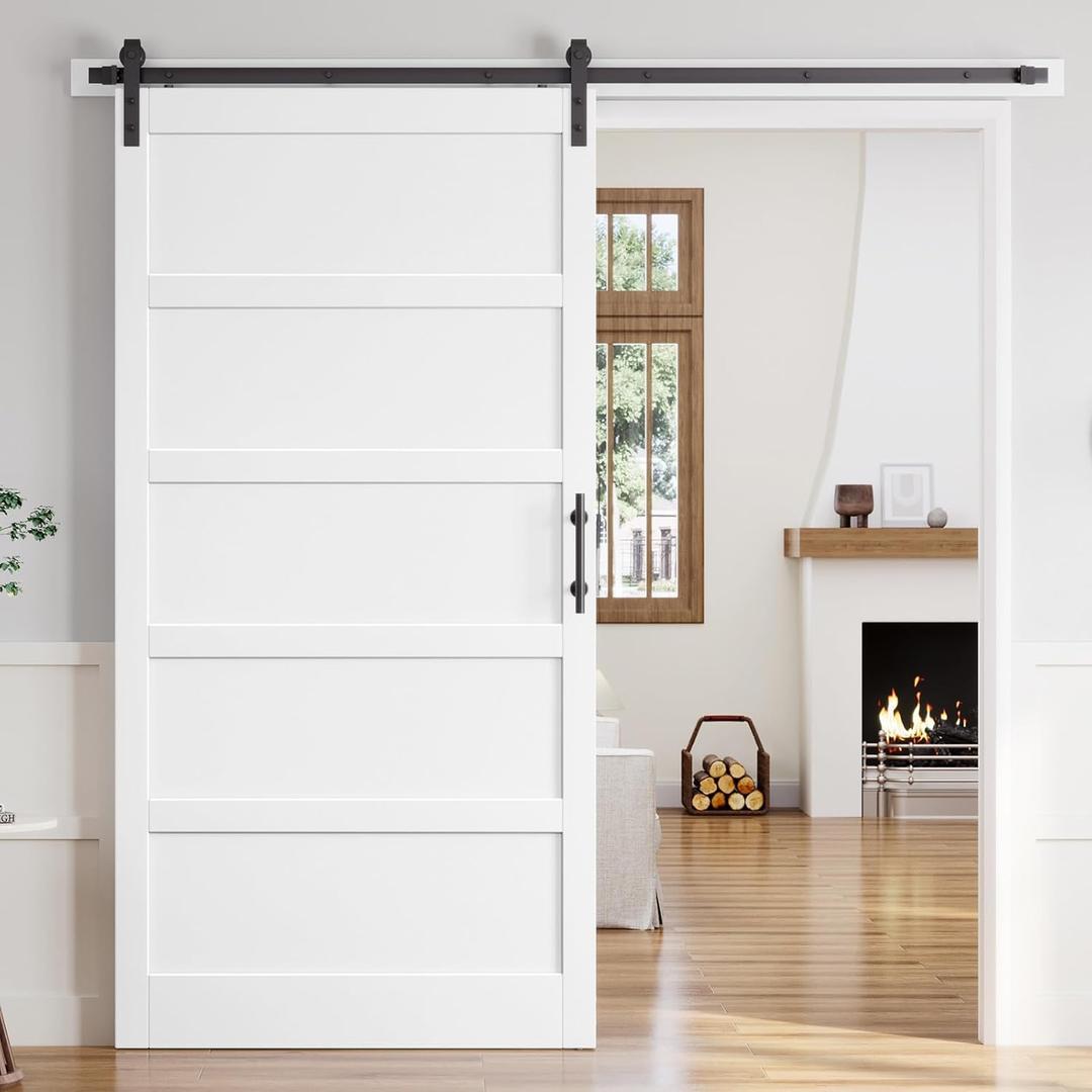 ROYMELO 48x96 Inch White Sliding Barn Door Slab with 8ft Hardware Kit Included, 5-Panel, MDF Wood Panel Covered with Water-Proof Scratch-Proof PVC Surface, Simple DIY Assembly