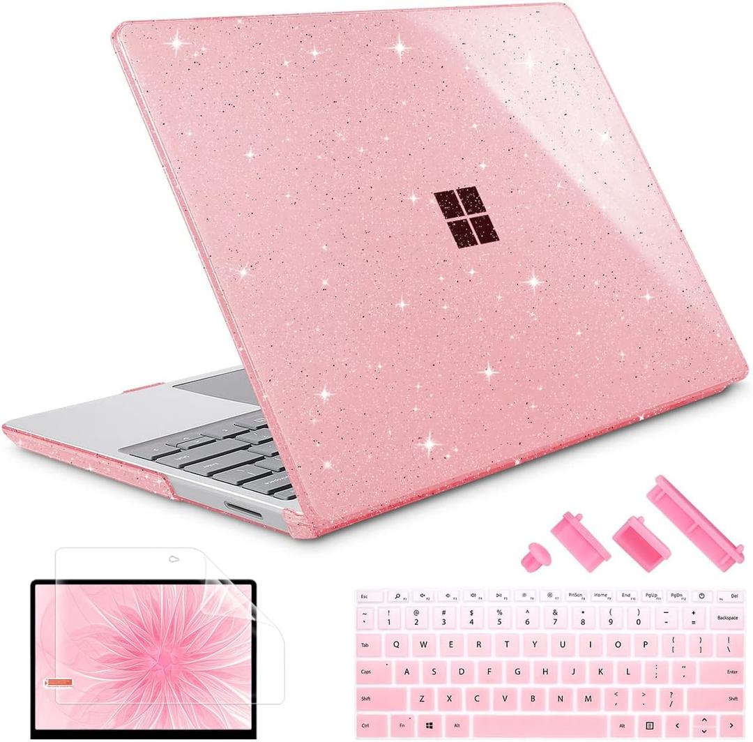 Compatible with 12.4 inch Microsoft Surface Laptop Go 3 Go 2 Go 1 Models: 1943 20132023 2022 2020 Release, Plastic Hard Shell Case with Keyboard Cover & Screen Protector, Sparkly Pink