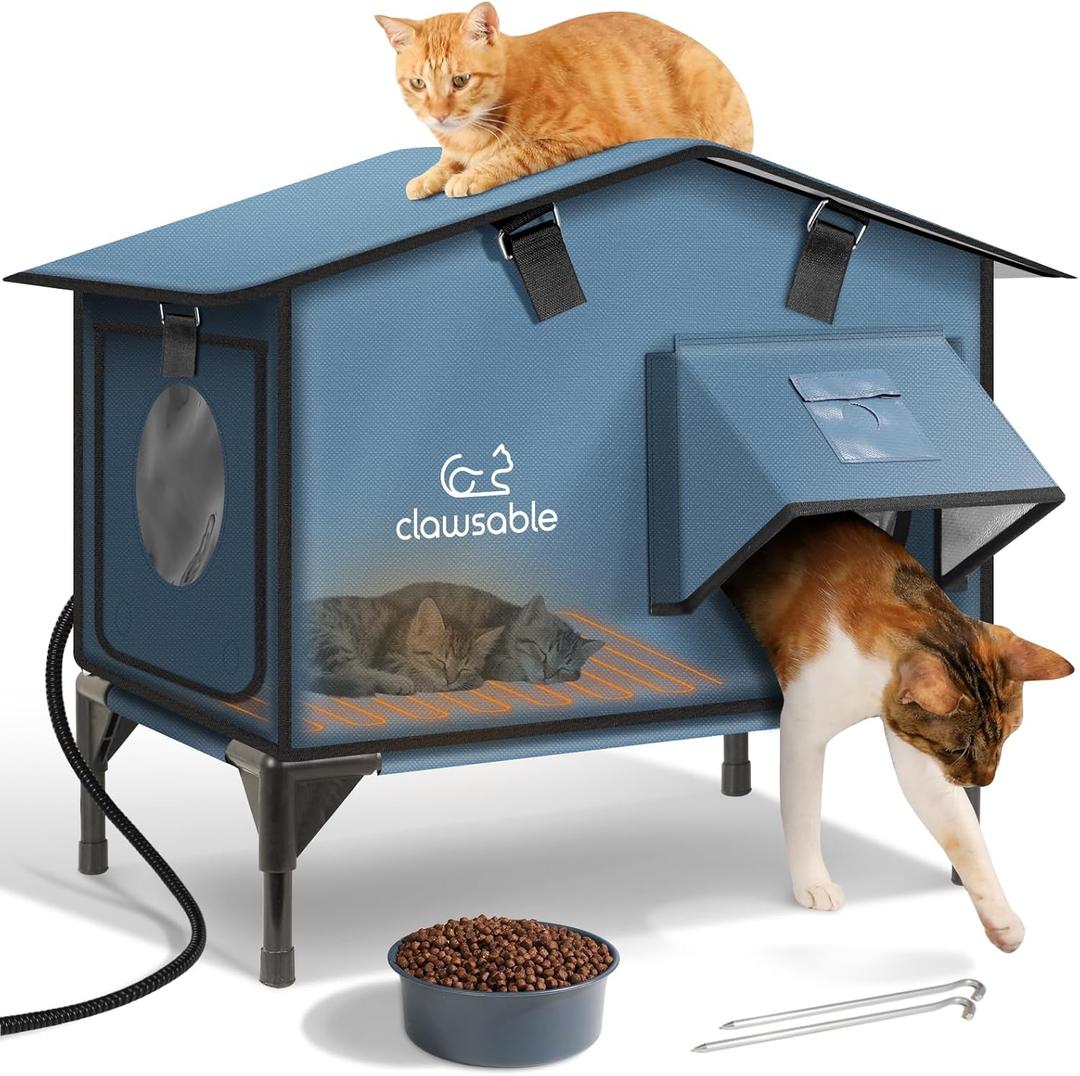 Upgraded Heated Cat House for Outside Escape Door, Highly Insulated Heated Outdoor Cat House Waterproof Awning, Weatherproof Outdoor Feral Cat Shelter for Stray Winter (22.0"L x 12.0"W x 20.0"H, Grayish Blue)