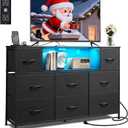 WLIVE Black Dresser TV Stand for 45, 50, 55 inch TV, Entertainment Center with LED Lights & Charging Station, Chest of Drawers with 8 Fabric Drawers and Open Shelves for Living Room, Hallway, Wood Top
