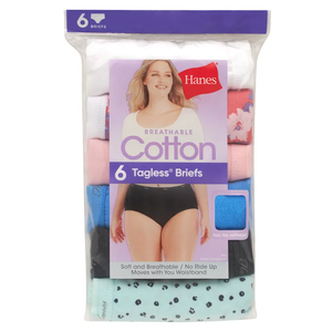 Hanes Underwear Women's 6 M Cotton Tag-less Brief Assorted Pack of 6 New, 3XL/10 size