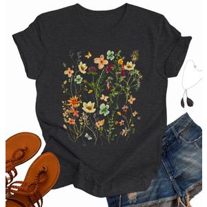 OCURHU Womens Boho Shirts Retro Floral Tshirt Cute Daisy Graphic Short Sleeve Tee Navy Blue 2XL