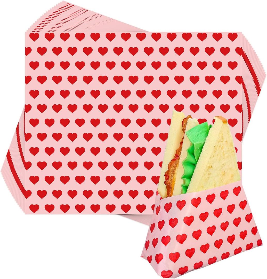 JarThenaAMCS 150 Sheet Valentine's Day Heart Wax Paper Pink Red Love Food Wrapping Tissue Paper Deli Paper Basket Liners Parchment Paper For Home Kitchen Restaurant Baking,8.3 x 9.8 Inch