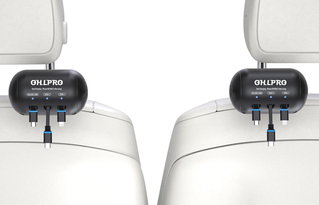 OHLPRO Retractable Backseat Car Charger [2 Pack], 3-in-1 Multi Car Charging Station with USB-C/USB-i/Micro-USB, 15W Fast Charging for iPhone, Samsung, Android, Headrest Mount for Uber Taxi Rideshare