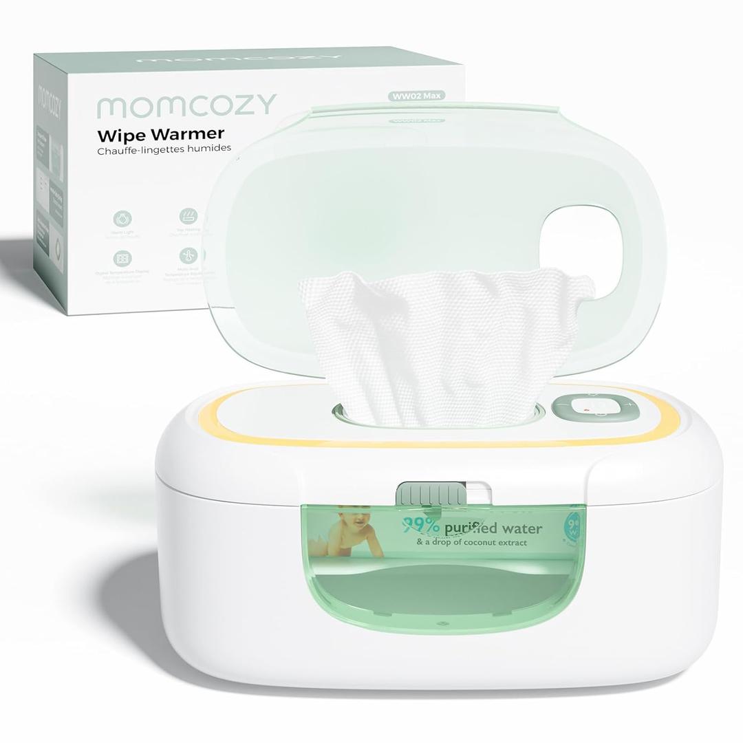 Momcozy New Baby Wipe Warmer, Large Capacity Wipe Dispenser Compatible with 60-80pcs,10-Min Fast Heating,4 Temperature Modes,Innovative Spring Design,Silicone&Top Seals,Even Heating,3-Level Nightlight (Medium, Green)