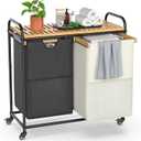 Laundry Hampers 2 Section, Laundry Sorter with Removable Shelf and Pull-Out Bags, Clothes Hampers with Wheels Rolling Cart Basket for Laundry Room Bathroom, 2 x 50 L (Black White)