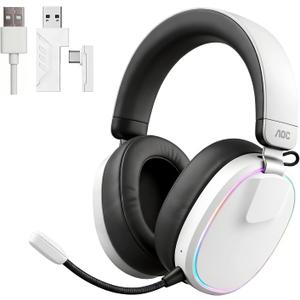 AOC Wireless Gaming Headset with Mic for PS5, PS4, PC - Bluetooth 5.3, 2.4GHz, Passive Noise Cancellation, RGB Lighting, 48H, Over-Ear Gaming Headphone Wired, White ACG3512