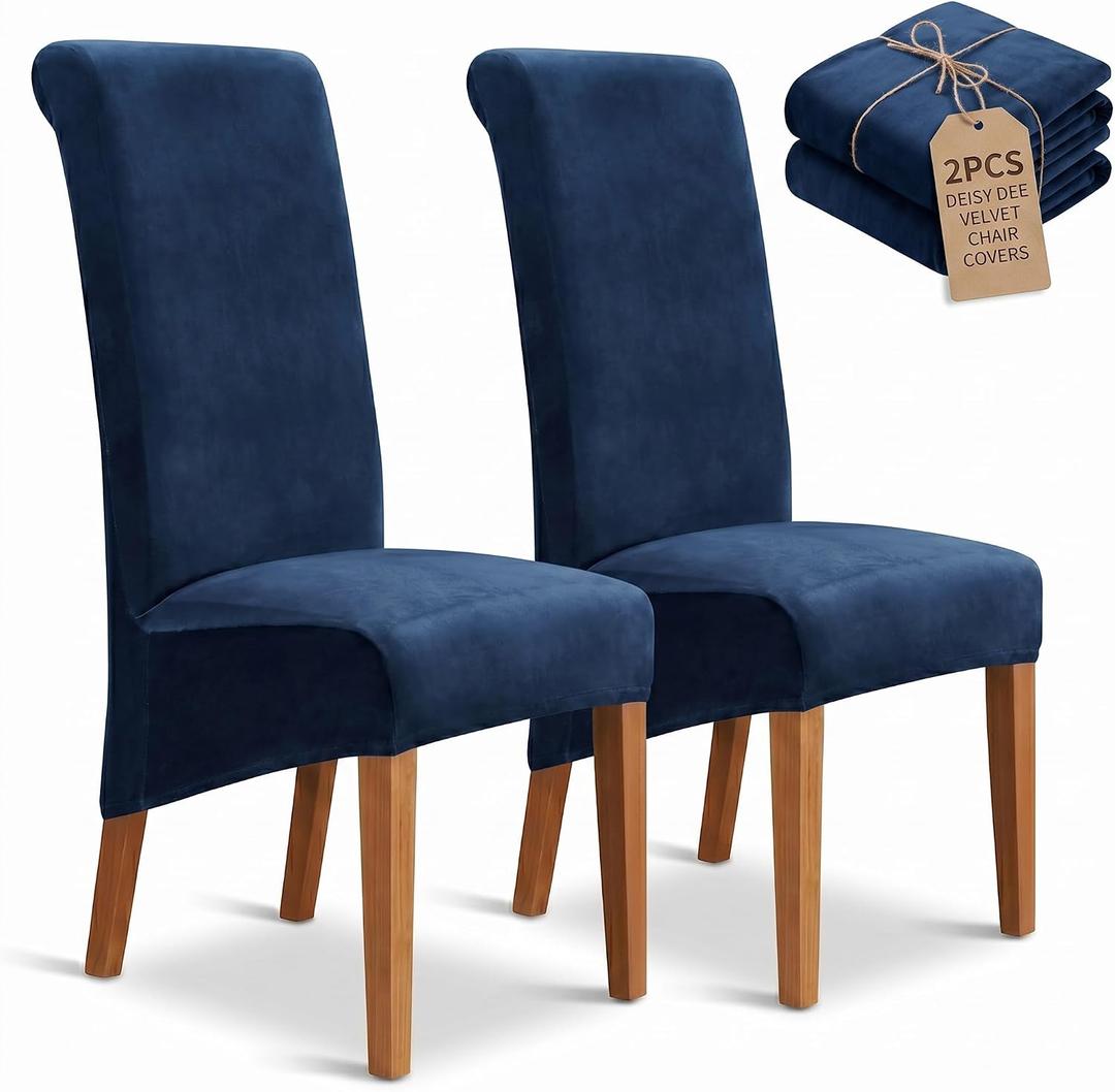 Deisy Dee Stretch XL/Oversized Extra Large Velvet Dining Room Chair Covers for Kitchen DiningRemovable Washable Chair Protectors Slipcovers (Navy, 2)