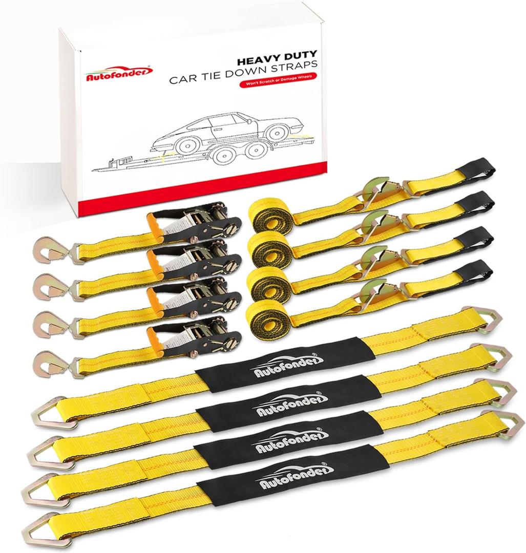 Heavy Duty Car Tie Down Straps for Trailers Kit  4 Pack 2"x120" Ratchet Straps + 2"x36" Axle Strap  10,000lb Break Strength Tire Straps for Trailers, Trucks, UTVs & Cargo  Snap Hooks