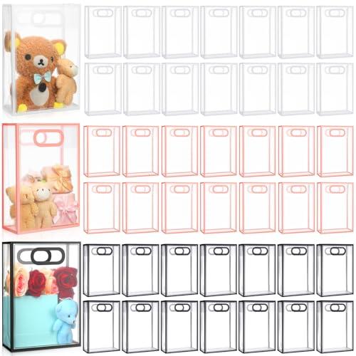 Dunzoom 50 Pcs Clear Plastic Gift Bag with Handle Reusable Transparent Pink Party Favor Flower Bag for Wedding Bridal Birthday Mother Day Gift 10.2 x 7.1 x 3.2''(Black Pink White Trim)