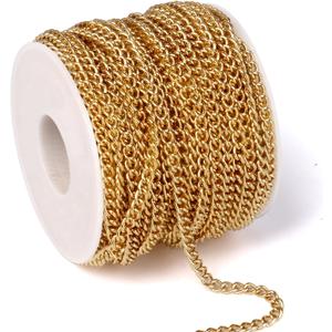33 Feet 18K Gold PVD Plated Stainless Steel Curb Chain Bulk, 3mm 304 Stainless Steel Flat Twisted Links Chains Roll Spool for Jewelry Making Necklace DIY Craft