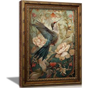 Vintage Gold Bird Framed Wall Art, Antique Hummingbird Floral Canvas Print | Colorful Hummingbird Floral Picture Wall Decor, Retro Nature Botanical Poster Artwork for Living Room Bedroom Office, Size: 24"L x 16"W