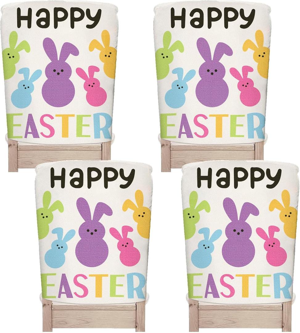 Whaline 4 Pcs Happy Easter Bunny Chair Covers Cute Colorful Rabbit Seat Cover Spring Holiday Washable Dining Chair Slipcovers Protector for Birthday Party Dinning Table Home Kitchen Decor