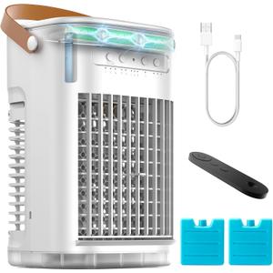 Mini Air Conditioner, Rechargeable Built-in Battery, Portable Evaporative Air Cooler w/Remote, 7H Auto-off, Water Tank & 2 Ice Packs & 2 Sprays, Personal Cooling Fan For DesktopRoom/Outdoor, White