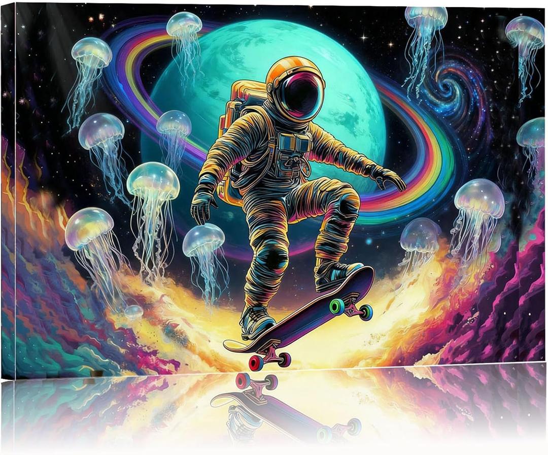 16x24 Framed Space Astronaut Skateboard Canvas Wall Art Colorful Poster