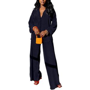 Kaimimei Casual 2 Piece Outfit for Women - Linen Long Sleeve Button Down Shirt + Flare Pleated Wide Leg Pants Sets Streetwear (Medium, Black)