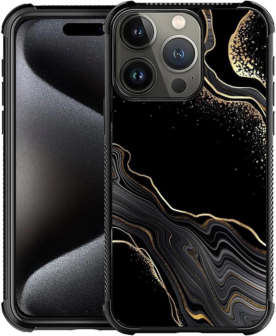 Case Compatible with iPhone 16 Pro, Pattern Plexiglass Cover for Boys Girls, Shockproof Anti-Scratch Drop Protection, Black Gold Marble