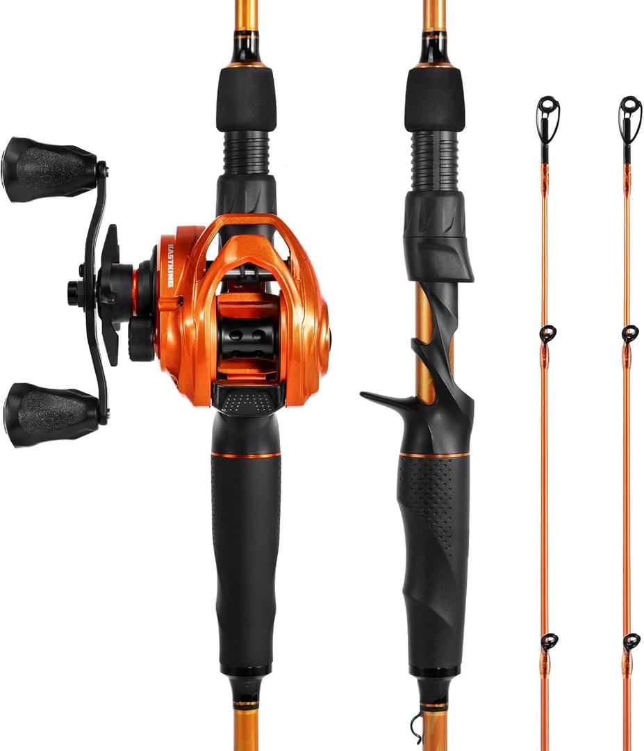 KastKing Lethal Blaze Twin-tip Fishing Rod and Reel Combo, Spinning & Baitcaster Combo, Flame Pattern Design, IM6 Graphite 2Pc Rod with Backup Tip Section, Stainless-Steel Guides, EVA Handle, 7'4" Heavy-Left Handed