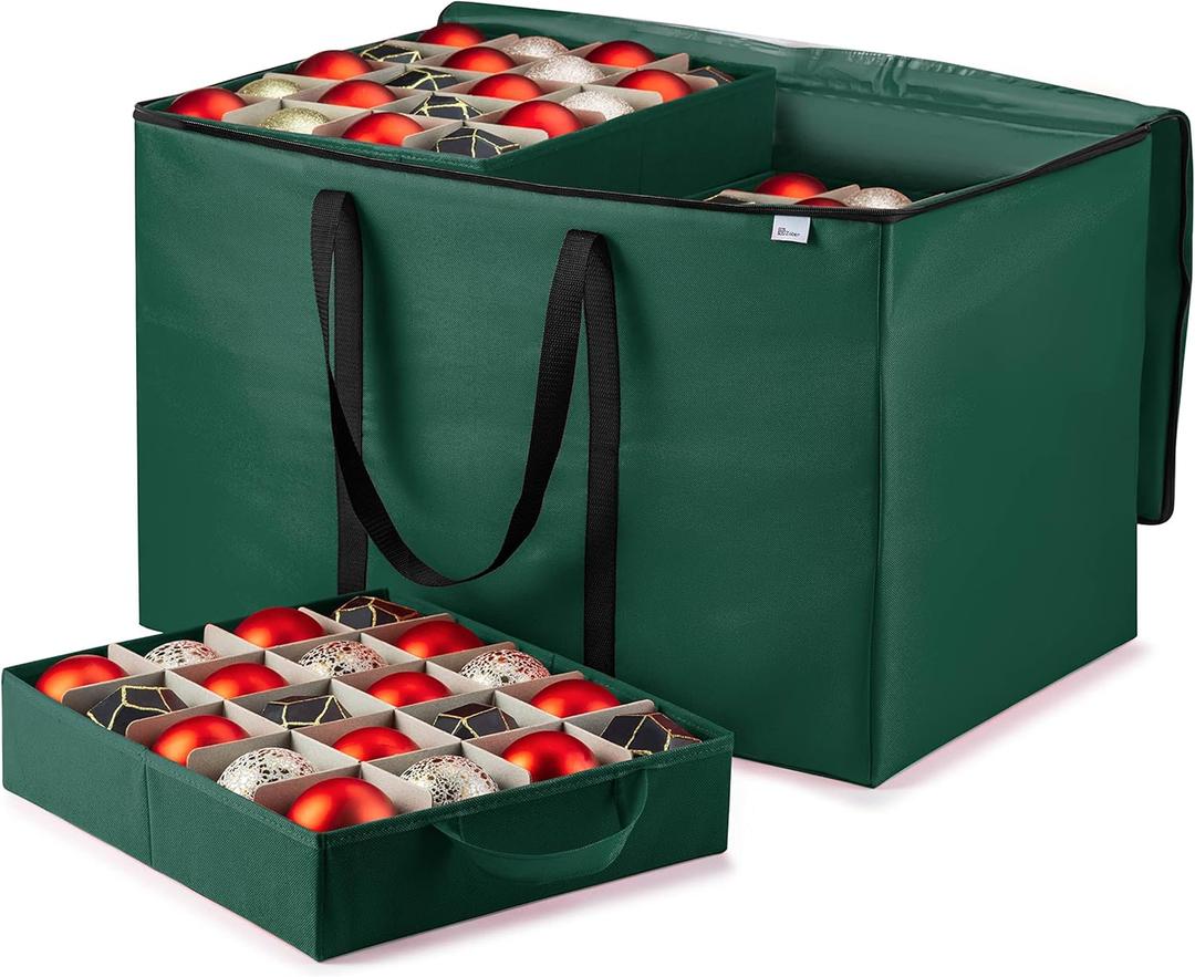 ZOBER Christmas Ornament Storage Box  Stores 200 3" Ornaments with Individual Trays  Tear Proof 600D Oxford Fabric  ornament organizer storage box, Durable Christmas Containers Holder  Green