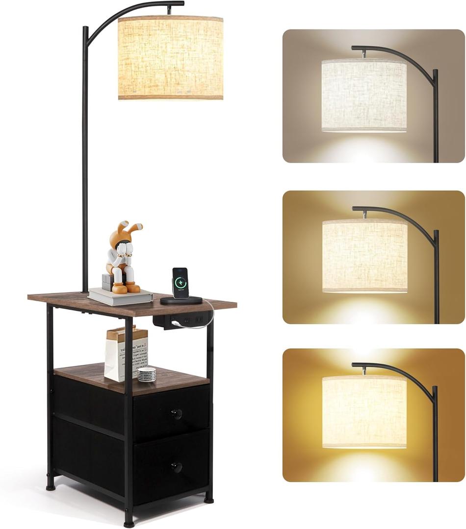 PESRAE Floor Lamp with Table & 2 Drawers, End Table with 3 Color Temperature Reading Light, Side Table Lamp with USB & Type C & AC Charging Port for Bedoom, Home Office (Natural Wood)