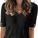 AKEWEI Womens V Neck Sweater Short Sleeve Lightweight Knit Spring Summer Tops with Decorative Buttons (Large, Black)