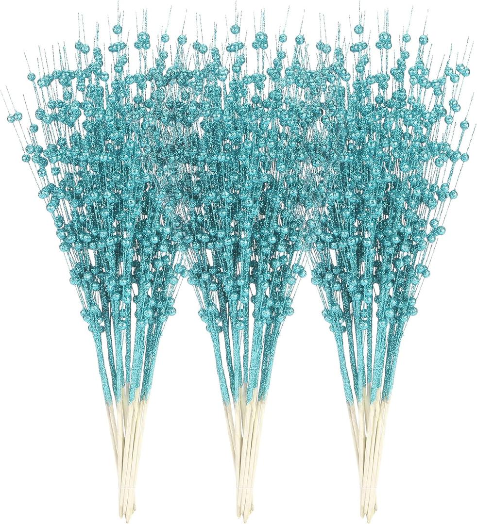 Sea Team 24-Pack Artificial Glitter Berry Stem Ornaments, Decorative Bead Sticks, Glittery Twigs, Picks, Branches for Christmas Tree, Small Vase, Holiday, Wedding, Party (17 Inches, Turquoise)