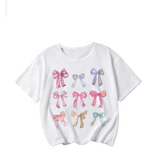 Girl's Bow Graphic Tees Crew Neck Short Sleeve Summer T Shirts Preppy Cute Clothes for Girls