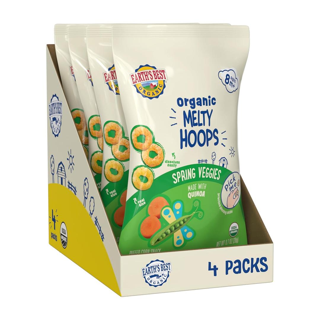 Earth's Best Organic Melty Hoops, Bite-Sized Snacks for Babies 8 Months and Up, Spring Veggie, 0.70 Ounce Bags (Pack of 4)(BB: Jan. 22, 2026)