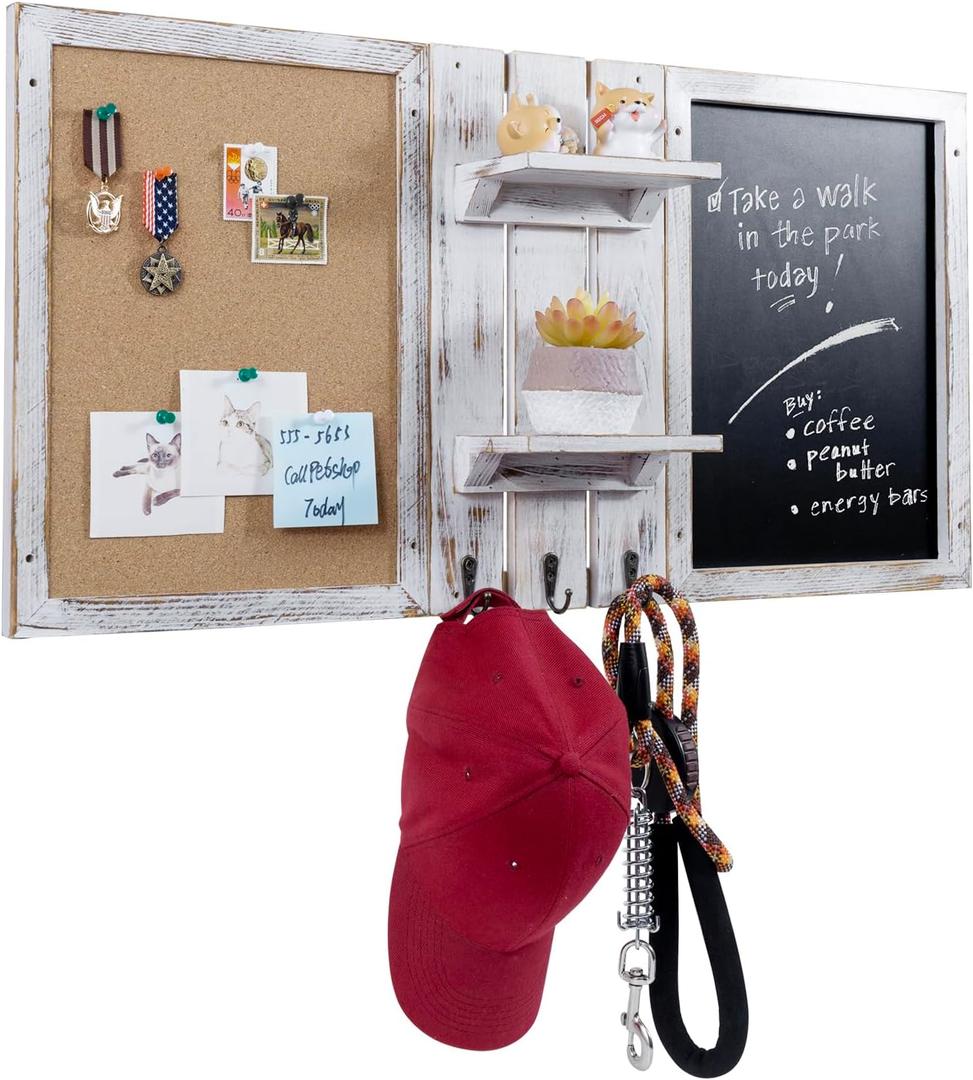 MyGift Wall Mounted Shabby White Washed Wood Entryway Bulletin Board Combo Set with Chalkboard, Cork Board, 2 Storage Display Shelves and 3 Key Hooks, Family Command Center Wall Organizer