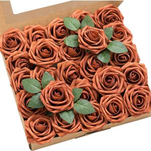 Ling's moment Fall Artificial Flowers 25Pcs Burnt Orange Roses Decor w/Stems,3" DIY Foam Floral for Wedding Bouquet/Centerpieces, Outdoors Party Backdrop, Room/Table, and Garden/Pot Decor