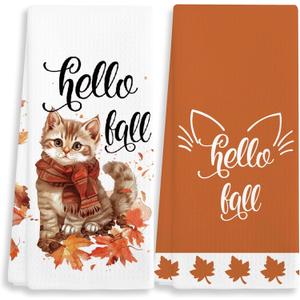 Fall Kitchen Towels Set of 2 - Cat & Hello Fall Script Decorative Hand Towels - 16"x24" Dish Towel for Farmhouse Kitchen, Bathroom, Seasonal Home Dcor.