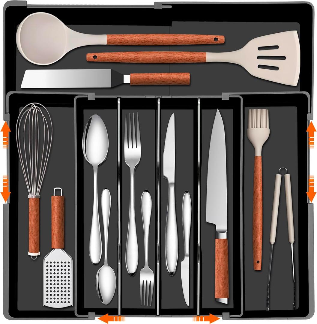 Expandable Large Silverware Organizer - BPA-Free Food-Safe Utensil Drawer Organizer Adjustable Kitchen Drawer Organizer Flatware Cutlery Tray, Classified Storage for Spoons Forks Knives (10.2"-17.2"W x 13.2-17.9"L x3"H, Black)