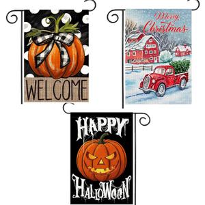 3 x Doncida 3 Pack Happy Halloween Thanksgiving Christmas Garden Flag 12x18 inch Double Sided Burlap Pumpkin Welcome Fall Holiday Small Yard Flag for Outside Decoration