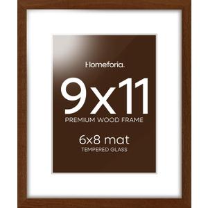 Homeforia 9x11 Picture Frame Brown, High End Dark Oak 9 x 11 Walnut Wooden Frames with Mat 6 by 8 Photo, 11x9 Wood Frame Matted to 6x8 Print, Wall or Tabletop Frame, Tempered Glass, Wall Kit, Set of 1