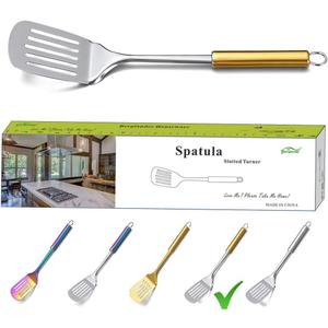 7 x Berglander Spatula, Stainless Steel Gold Handle Slotted Turner, Golden Handle Spatulas With Titanium Plating, Kitchen Spatula For Cooking, Barbeque Turner, Spatulas For BBQ (Gold Handle)