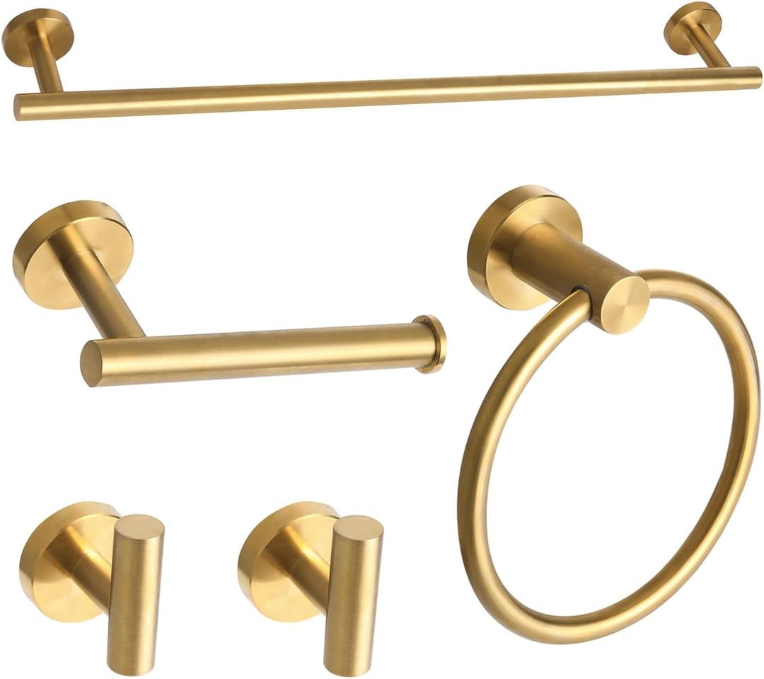 Ntipox Brushed Gold Bathroom Hardware Accessories Set 5 Piece, Stainless Steel Bath Towel Bar Set 24 Inch, Toilet Paper Holder, Towel Ring Holder, Towel Rack Set, Gold Bathroom Accessories Kit