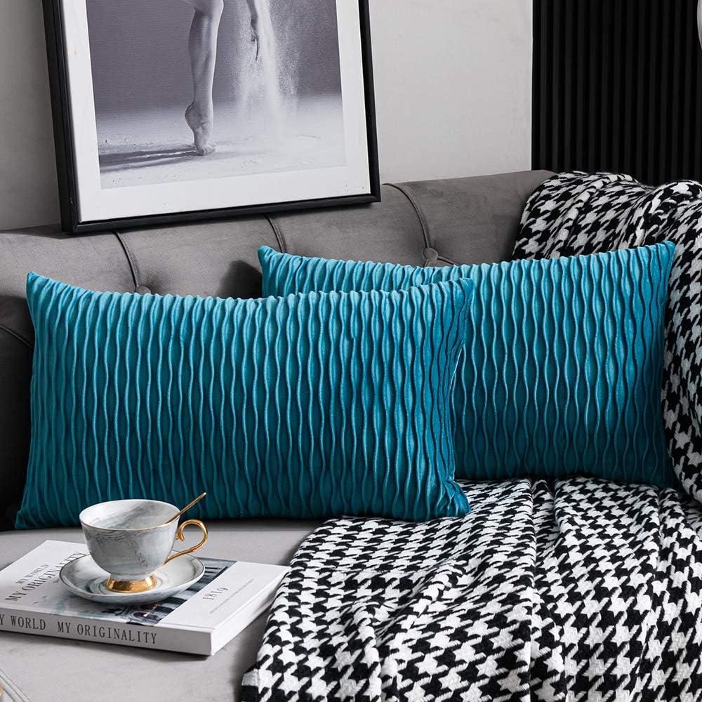 DEZENE Turquoise Throw Pillow Cases 12x20: 2 Pack 12x20 Inch Original Striped Velvet Rectangular Decorative Pillow Covers for Farmhouse Couch (20" x 12" (Pack of 2))