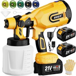 Cordless Paint Sprayer Gun with Battery 2 X 4000mAh, Handheld Electric Paint Gun with 5 Copper Nozzles, 1200ML Containers, Paint Sprayer for House Painting Furniture Cabinets Fence Wall (Black-Yellow)