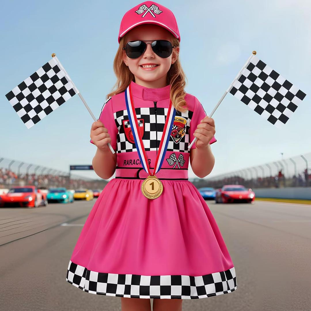 Race Car Driver Costume for Girls Racing Outfit for Toddler Racer Dress Up (5-6 Years, Rose-pink)