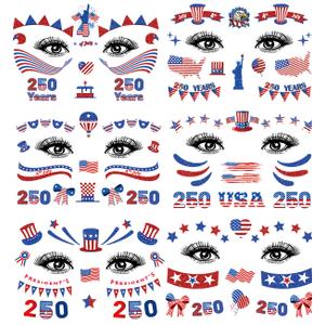 3 x 250th Anniversary Patriotic Face Temporary Tattoos for Women Kids Adults, 6 Sheets Waterproof 4th of July Face Tattoos Stickers with USA Flag Stars Eagle Fireworks Designs for Independence Day Party