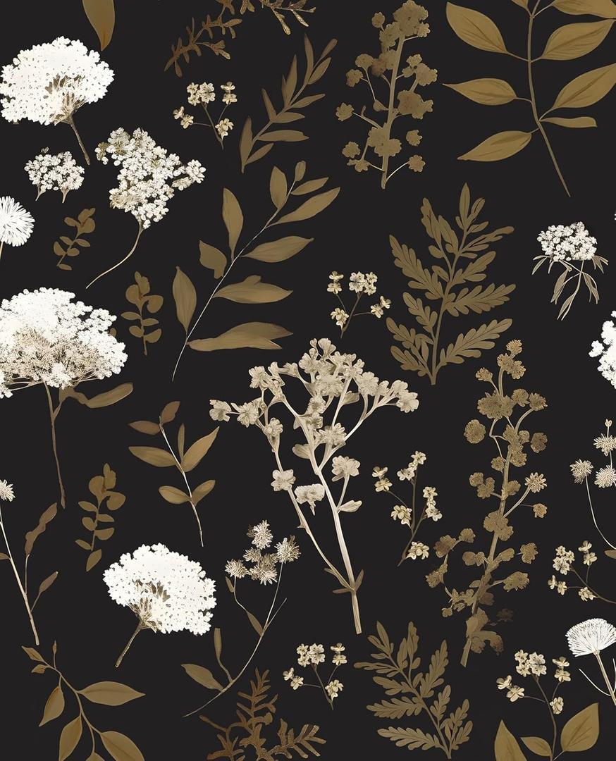 Dark Floral Wallpaper Peel and Stick Boho Wallpaper 17.5in x 393in Vintage Leaf Contact Paper Vinyl Waterproof Self Adhesive Leaf Botanical Wall Paper for Bedroom Walls Kitchen Cabinet (Bright White&Light Gold)