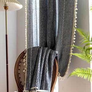 Deeprove Dark Coal Grey Boho Curtains 72 inches Length, Vintage Bohemian Embroidery Farmhouse Cotton Linen Fringe Window Treatments Nursery Bedroom Living Room Dinging Room Decor, 52"W x 84"L (Pack of 1), 1 Panel