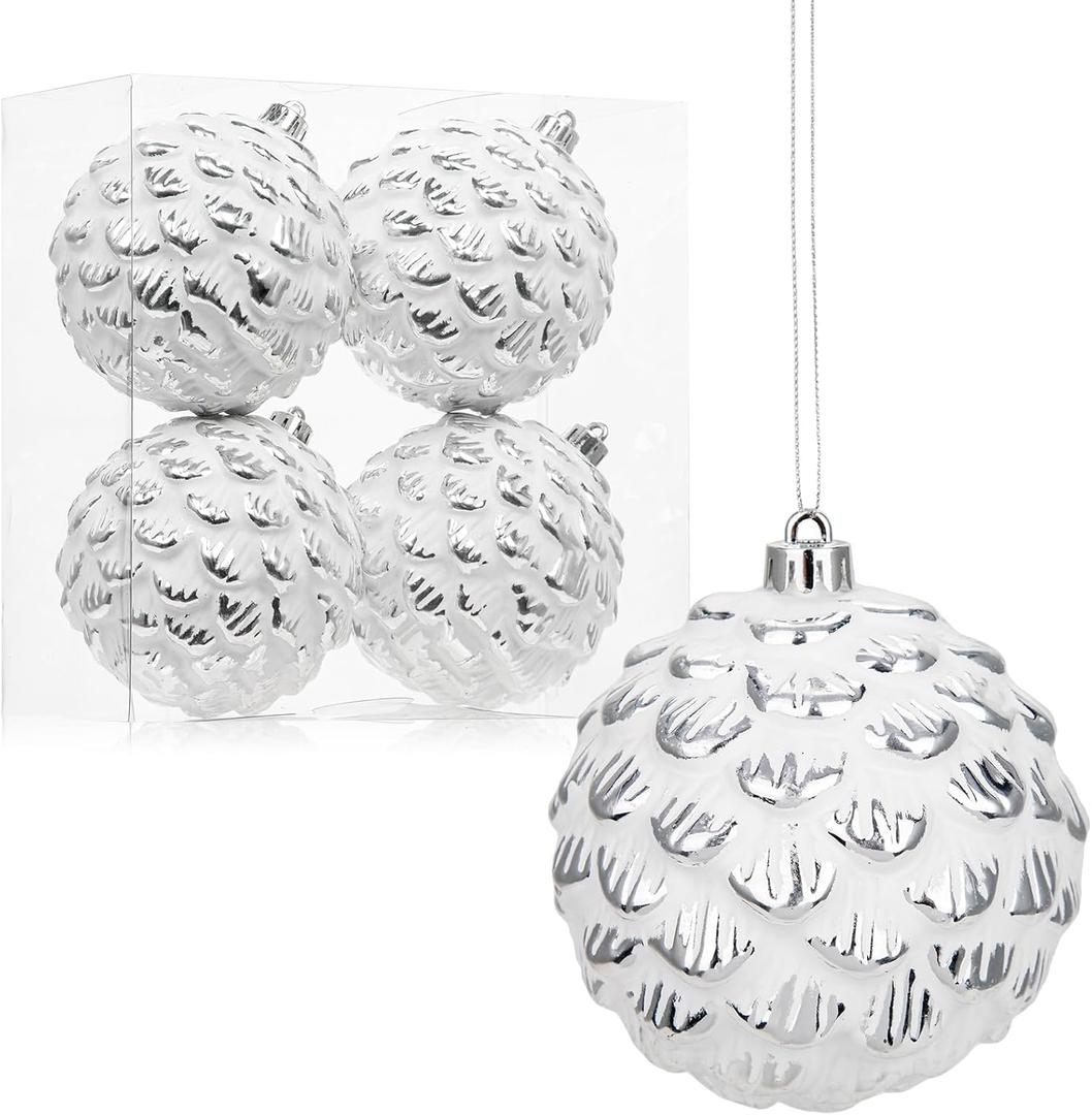 Briful 100mm/4 Rustic Large Christmas Ball Ornaments 4PCS White and Silver Textured Vintage Xmas Balls Decorative Baubles for Christmas Tree Wreath Garland Holiday Farmhouse Home Decor