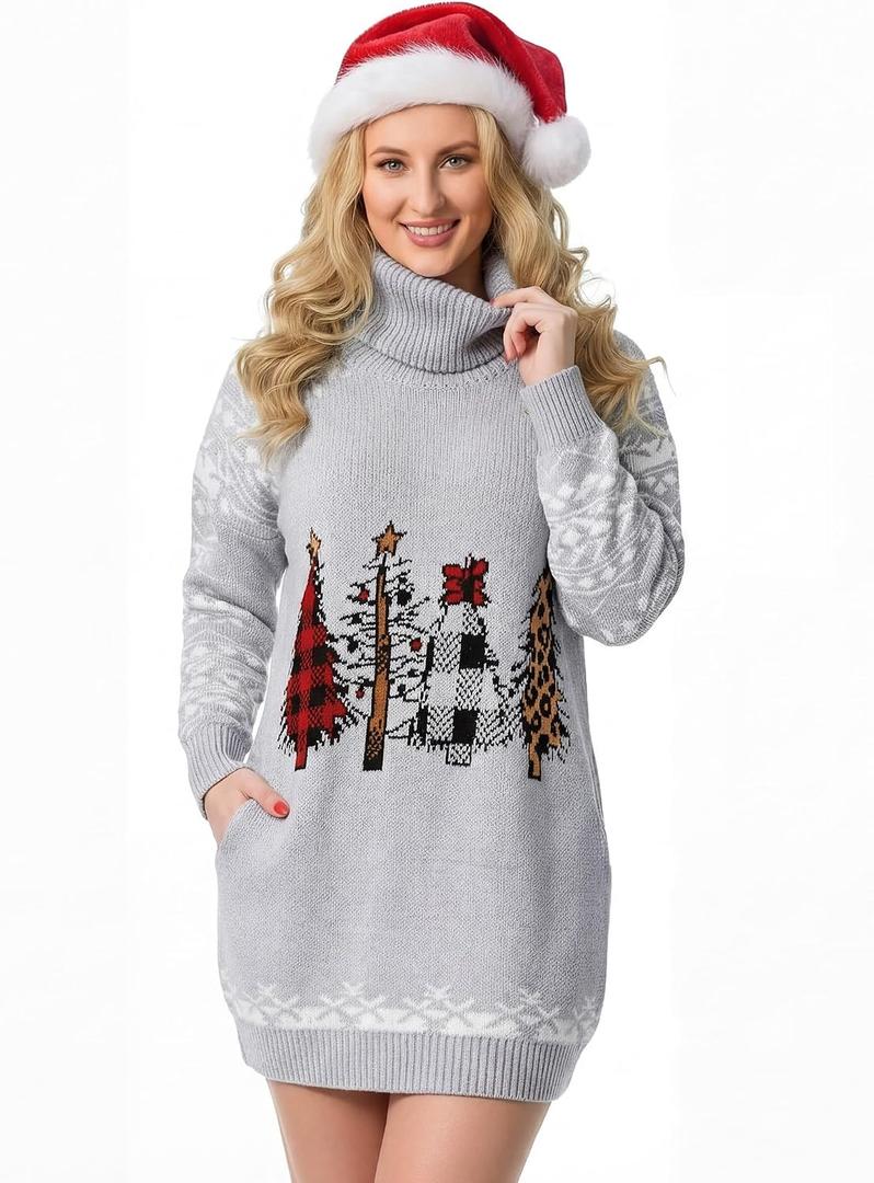 Ugly Christmas Sweater Dress for Women, Santa Hat and Funny Novelty Sweater with Pocket for Xmas Holiday