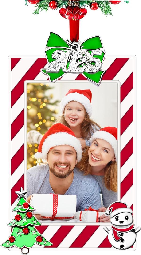 FKOG Red 2025 Christmas Picture Frame Ornaments, Family Senior Sports School Wedding Vacation Photo Frame Xmas Tree Hanging Ornament Decoration Romantic Ideas for Couples (Red)